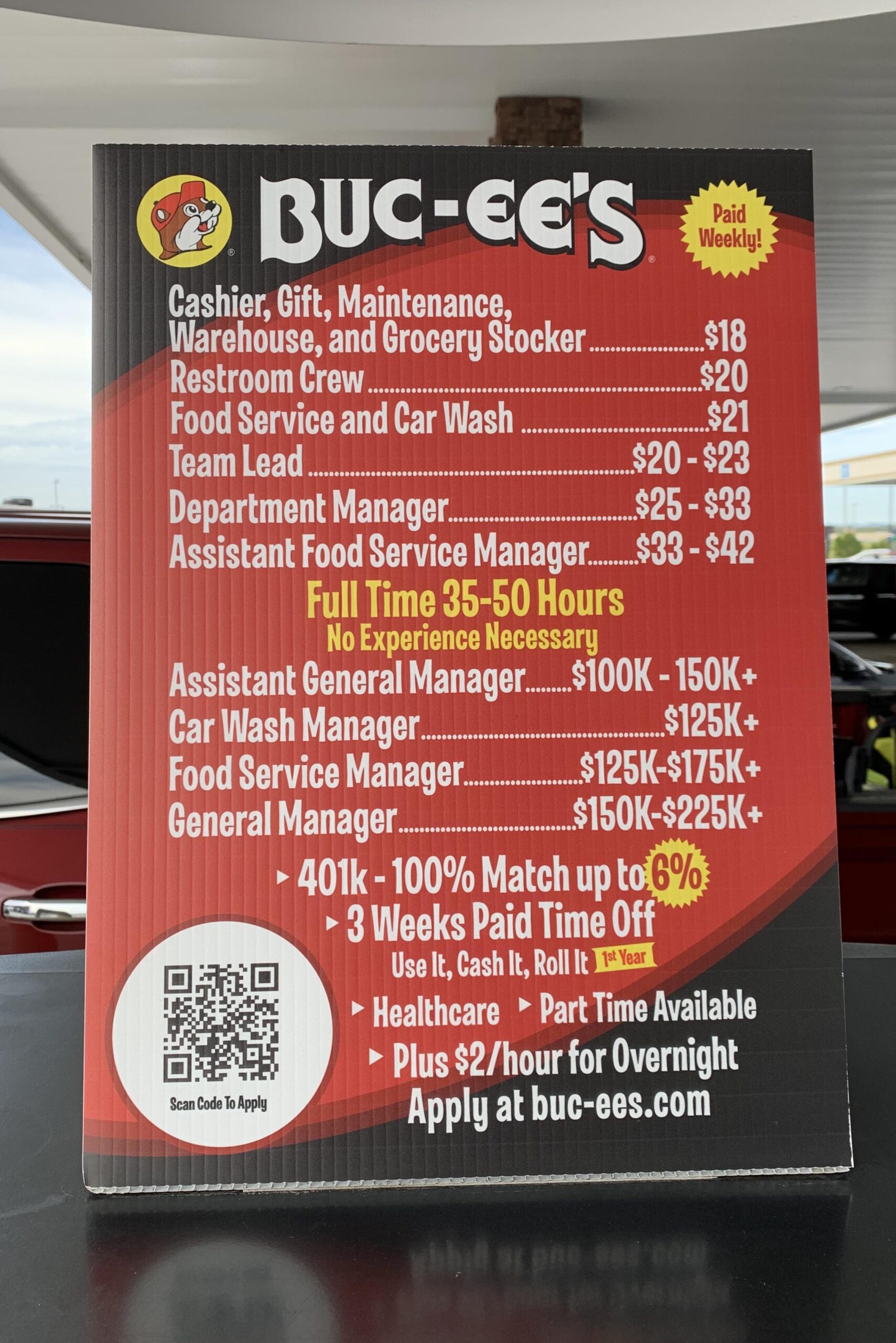 The starting pay at the average Bucees truck stop. Known for their